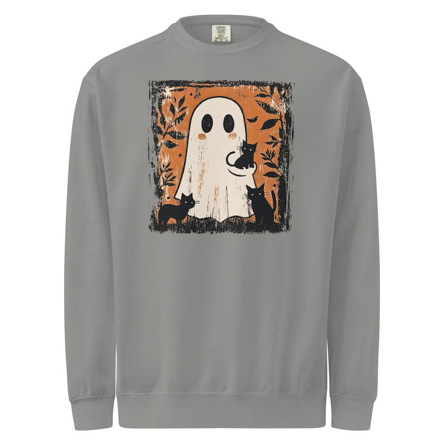 Vintage Halloween cat garment-dyed sweatshirt — distressed orange-framed vintage panel of a smiling ghost. A great Halloween gift.