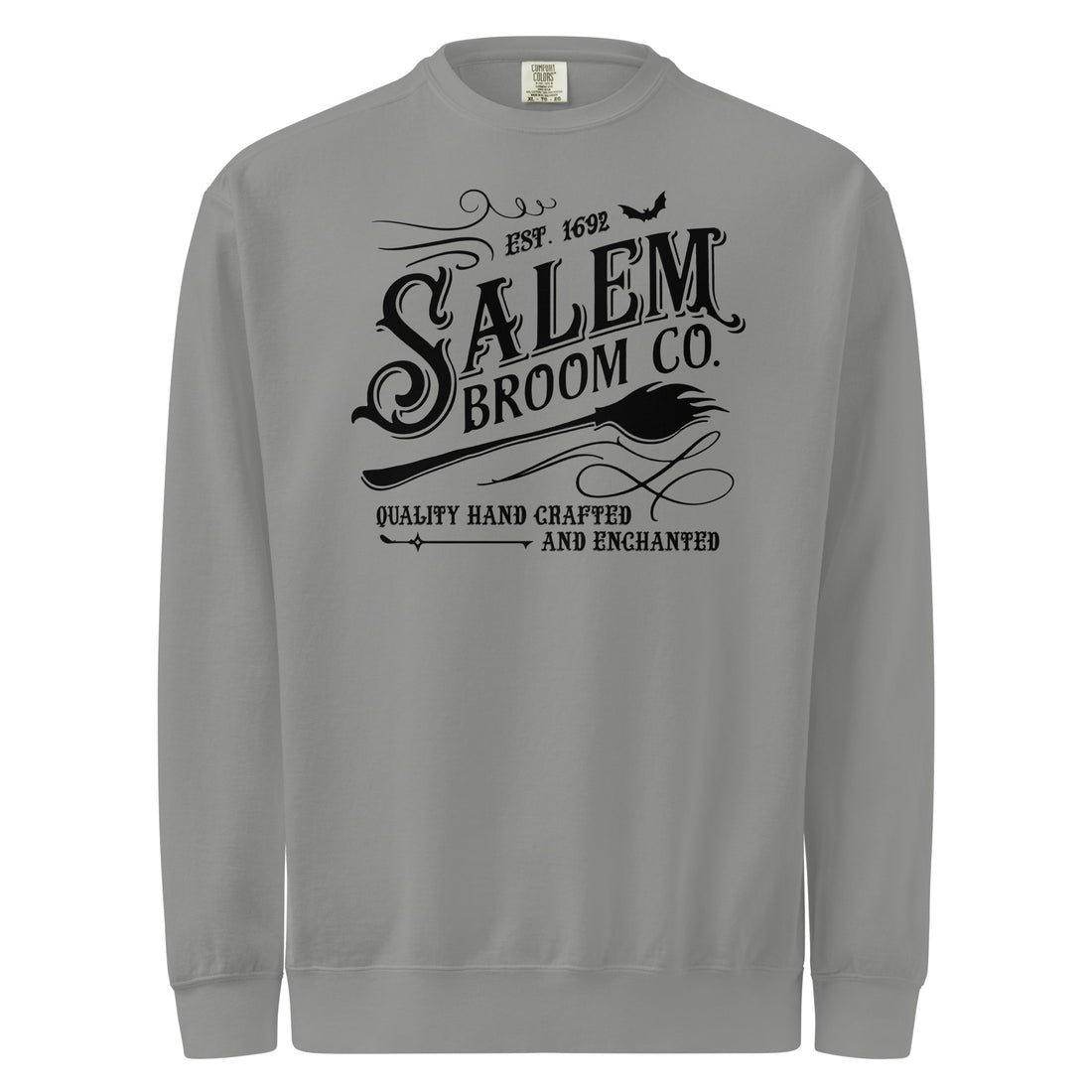 Grey garment-dyed Salem Broom Company crewneck sweatshirt with weathered black trade-sign graphic, front view