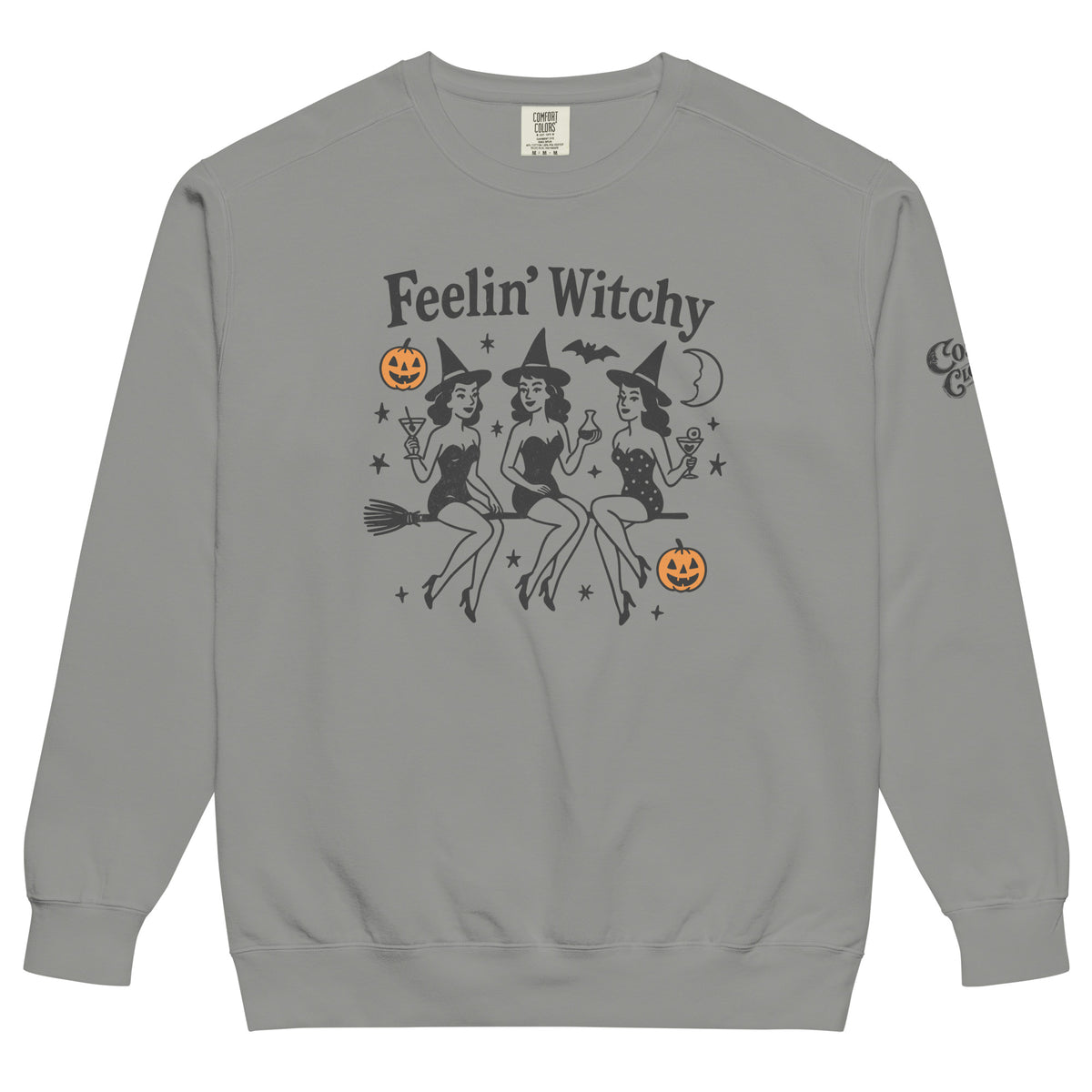 Feelin Witchy — grey garment-dyed sweatshirt, front view
