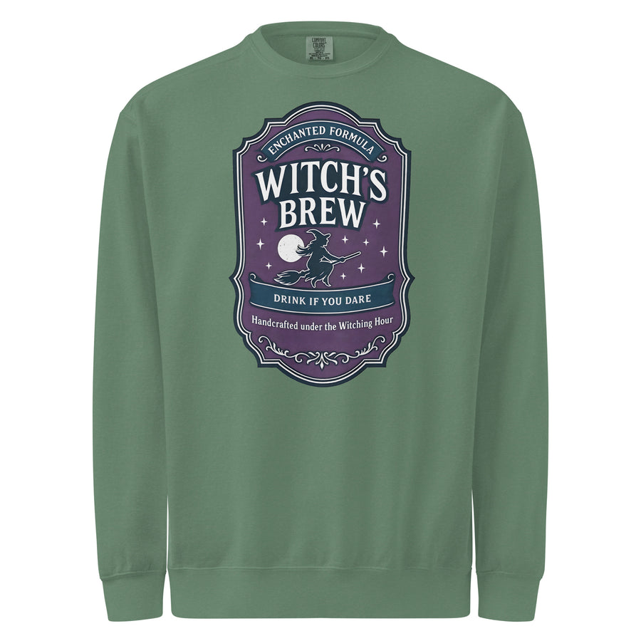 Witchy apothecary garment-dyed sweatshirt — ornate purple bottle label. Unisex graphic sweatshirt, a great witchy gift.
