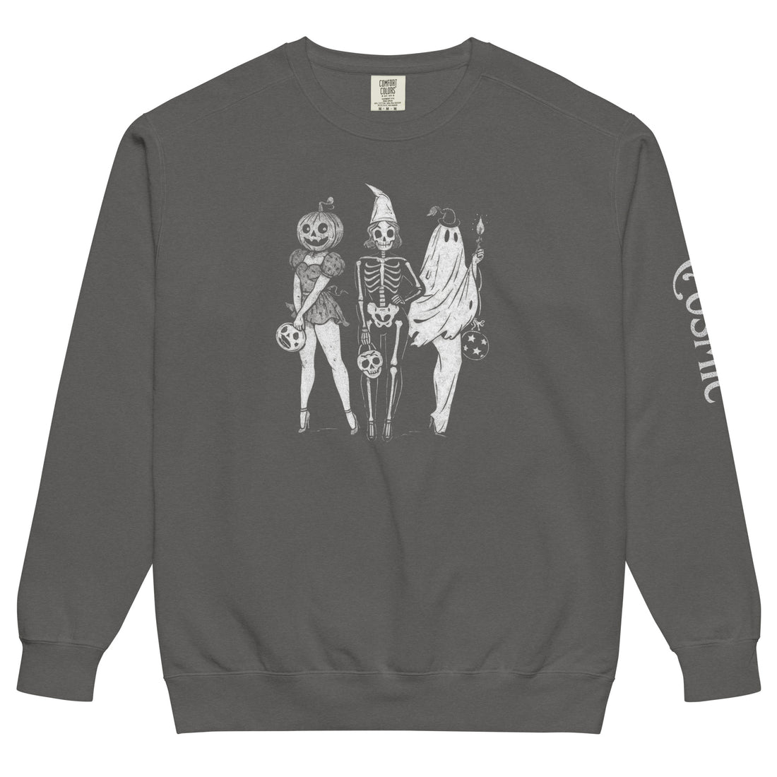 Vintage Halloween garment-dyed sweatshirt — retro trio. Unisex graphic sweatshirt, a great Halloween gift.
