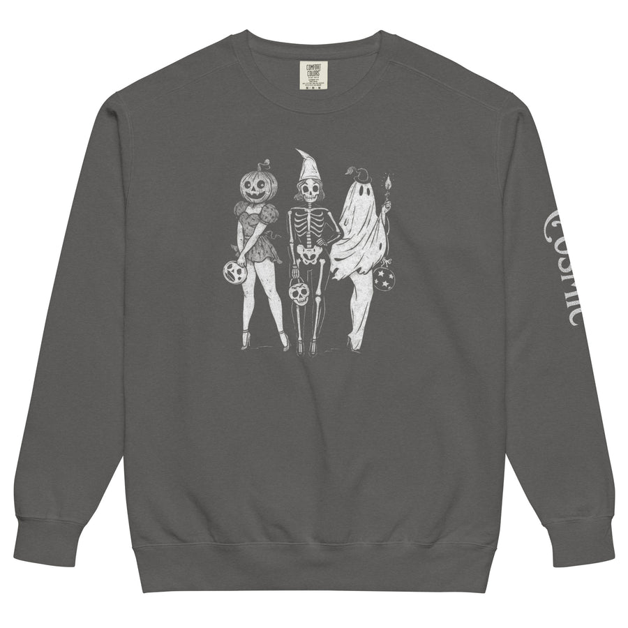 Vintage Halloween garment-dyed sweatshirt — retro trio. Unisex graphic sweatshirt, a great Halloween gift.
