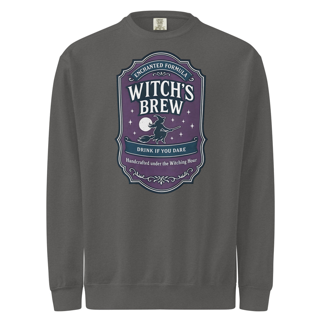 Witch's Brew "Drink if you Dare" — pepper garment-dyed sweatshirt, front view