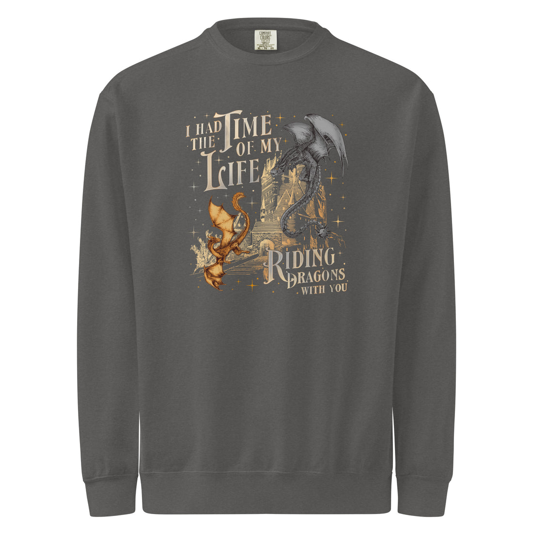 Romantasy garment-dyed sweatshirt — figure on a soaring dragon. Unisex graphic sweatshirt, a great romantasy gift.