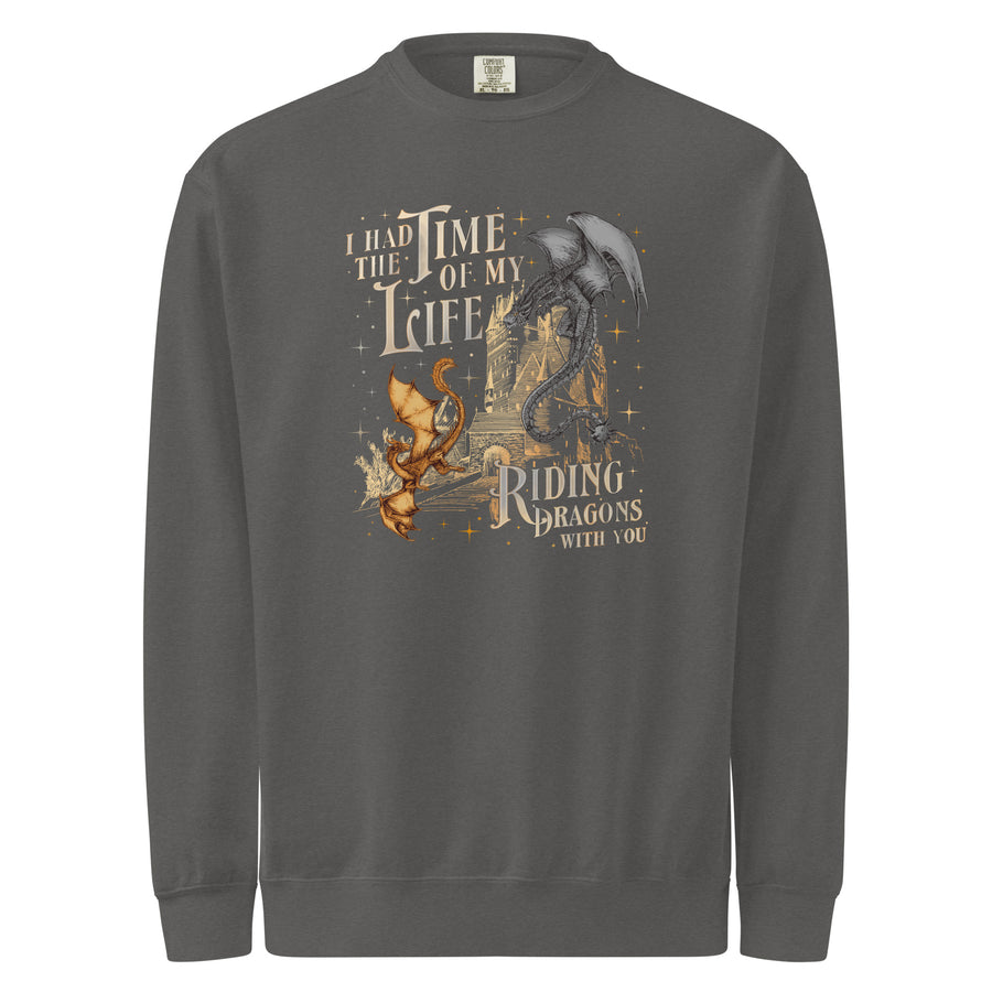 Romantasy garment-dyed sweatshirt — figure on a soaring dragon. Unisex graphic sweatshirt, a great romantasy gift.