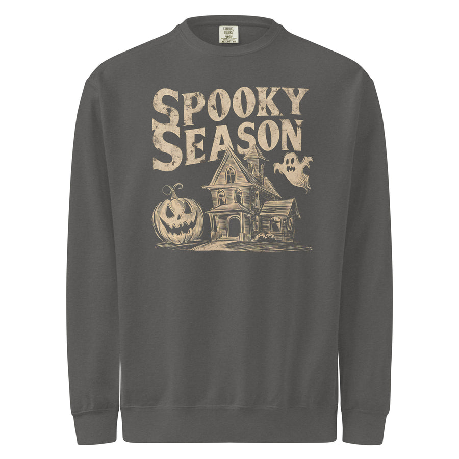 Vintage Halloween garment-dyed sweatshirt — 'Spooky Season' lettering over a sepia haunted house. A great Halloween gift.