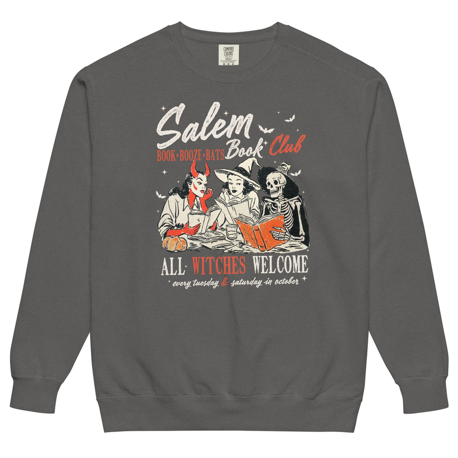 Salem Book Club — pepper garment-dyed sweatshirt, front view