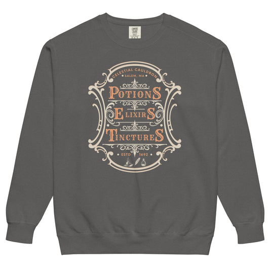 Witchy apothecary garment-dyed sweatshirt — ornate Victorian apothecary label. Unisex graphic sweatshirt, a great witchy gift.