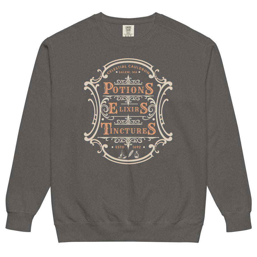 Witchy apothecary garment-dyed sweatshirt — ornate Victorian apothecary label. Unisex graphic sweatshirt, a great witchy gift.