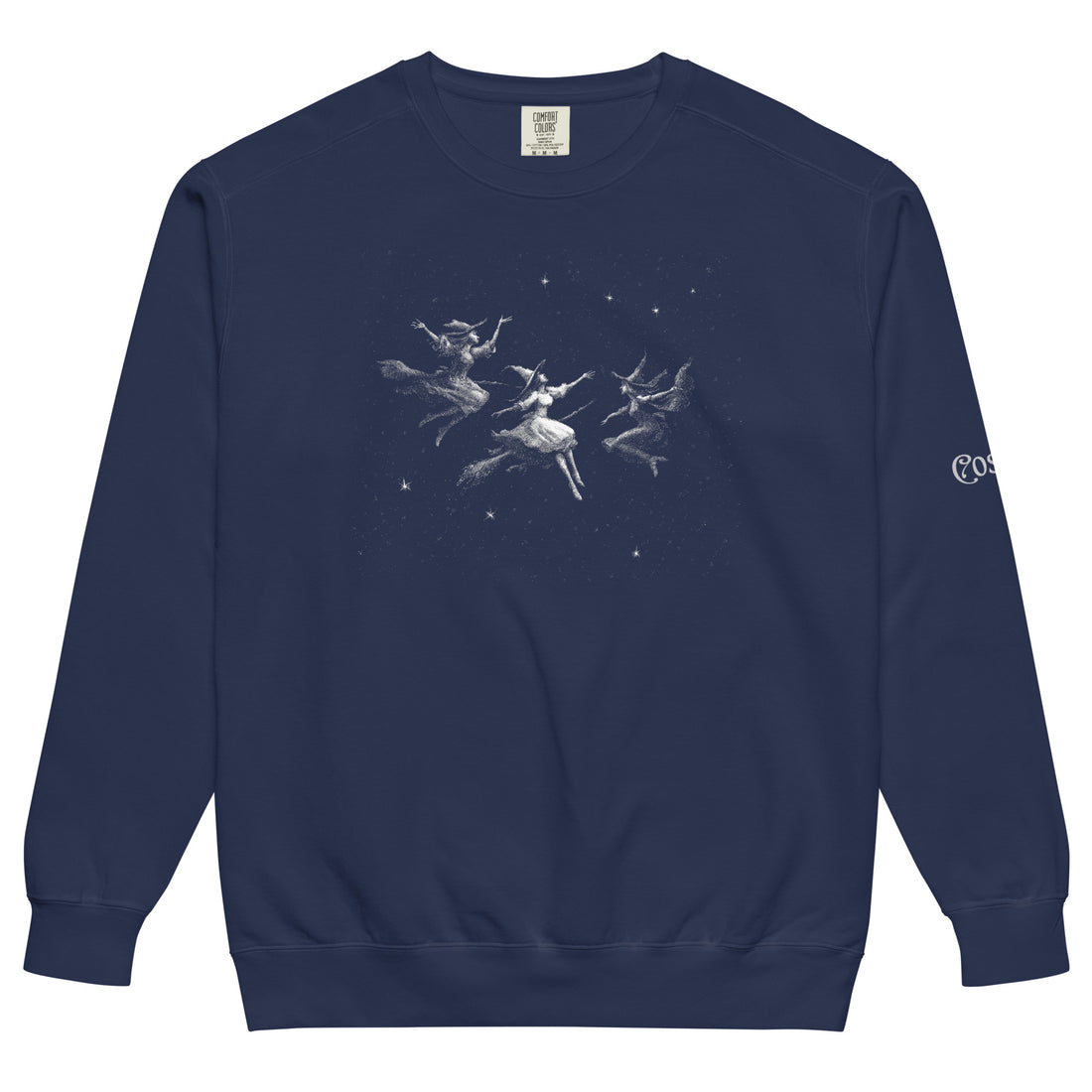 Witchy garment-dyed sweatshirt — slender white witches mid-dance, scattered through. Unisex graphic sweatshirt, a great witchy gift.