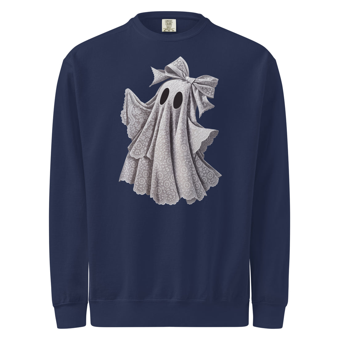 Lace Ghost — true navy garment-dyed sweatshirt, front view