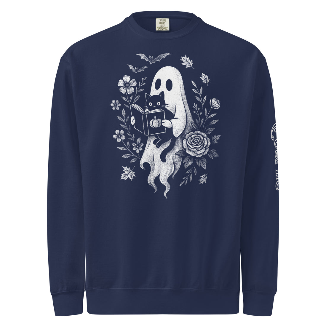 Ghost and Kitty Storytime — true navy garment-dyed sweatshirt, front view
