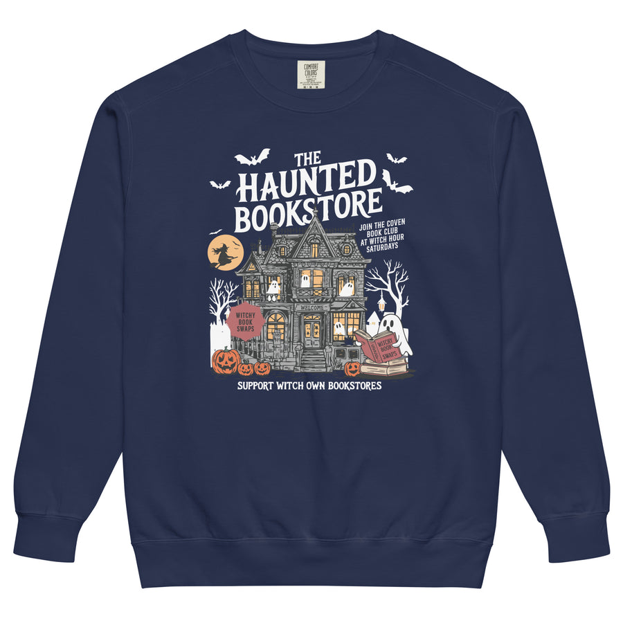 The Haunted Bookstore — true navy garment-dyed sweatshirt, front view