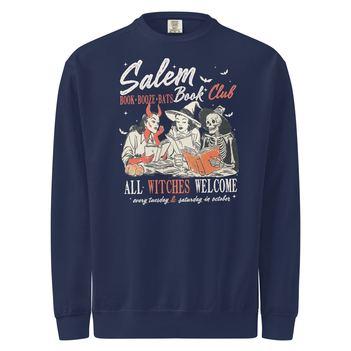 Salem Book Club — true navy garment-dyed sweatshirt, front view
