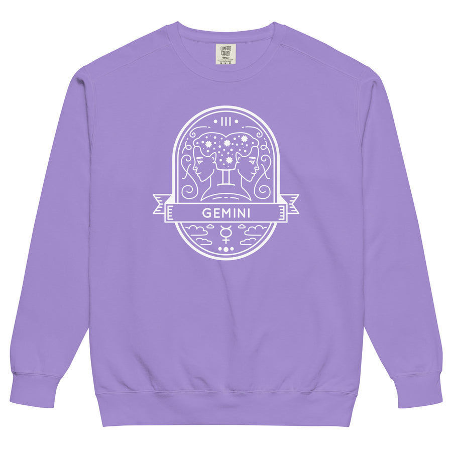 Gemini zodiac garment-dyed sweatshirt — fine-line arched badge with the Gemini constellation. Unisex graphic sweatshirt, a great Gemini gift.