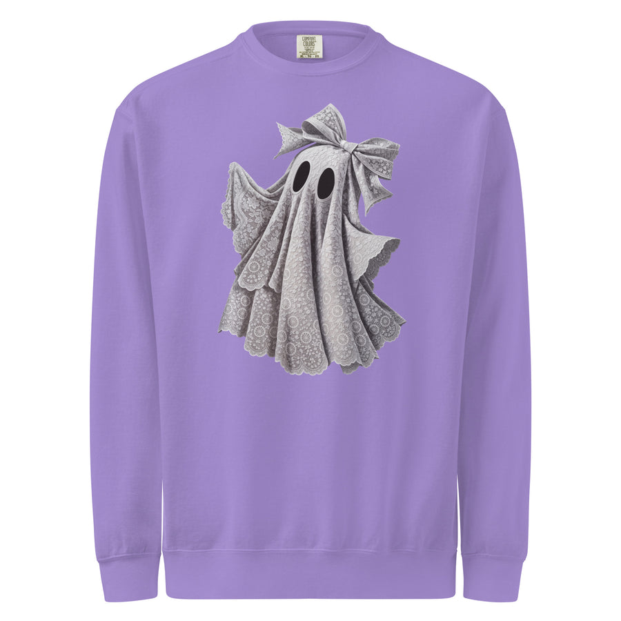 Coquette ghost garment-dyed sweatshirt — finely engraved sheet ghost with a soft bow perched on top. A great coquette gift.