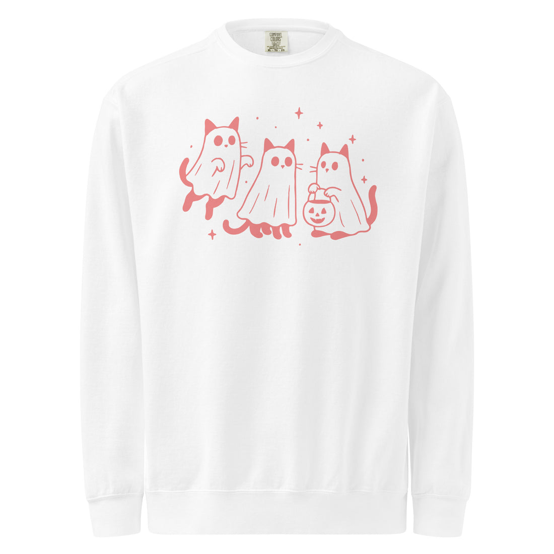 Halloween cat garment-dyed sweatshirt — three coral ghost-cats floating beside a little pumpkin. A great Halloween gift.