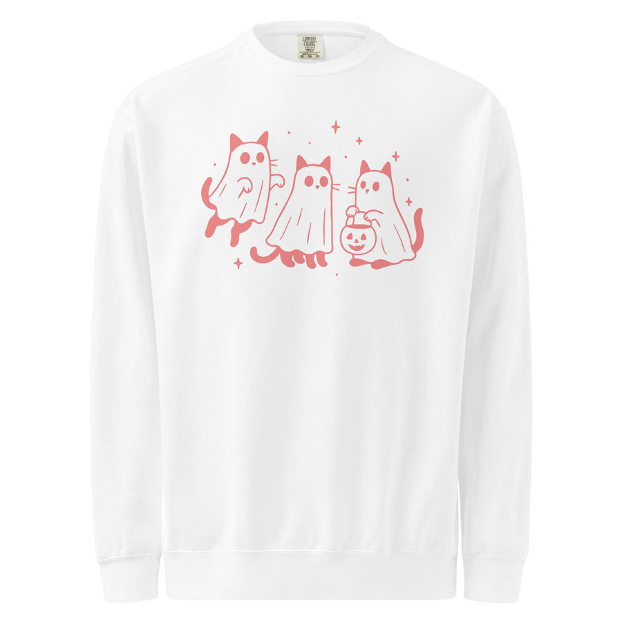 Halloween cat garment-dyed sweatshirt — three coral ghost-cats floating beside a little pumpkin. A great Halloween gift.