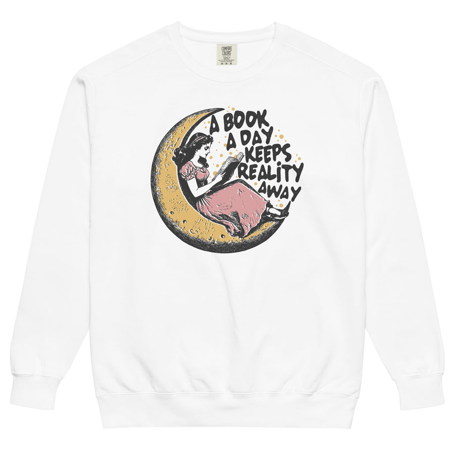 Book A Day — white garment-dyed sweatshirt, front view