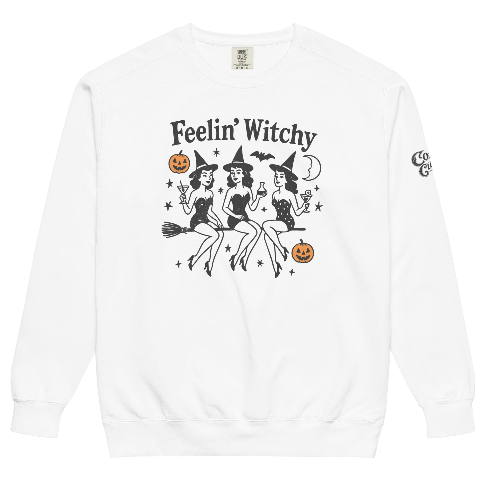 Feelin Witchy — white garment-dyed sweatshirt, front view