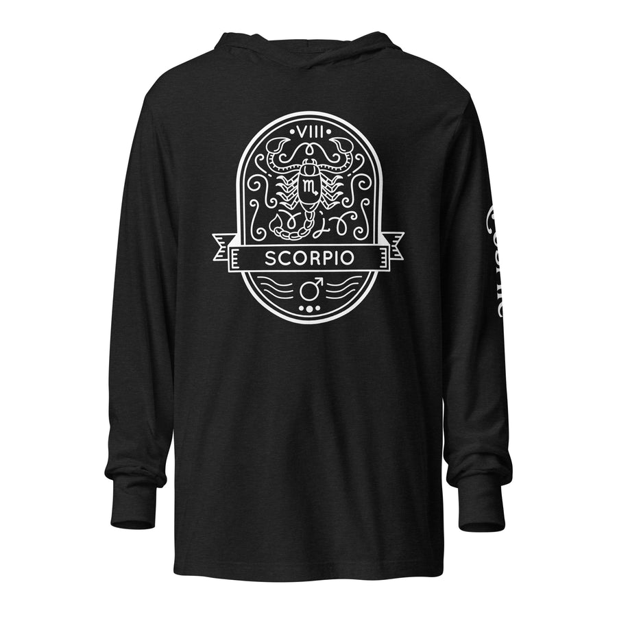 Charcoal black triblend hooded long-sleeve tee with Scorpio badge crest, front view
