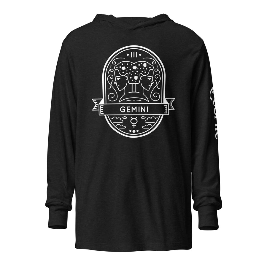 Charcoal black triblend hooded long-sleeve tee with Gemini badge crest, front view