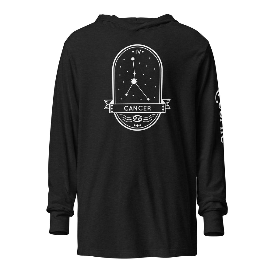 Charcoal black triblend hooded long-sleeve tee with Cancer badge crest, front view