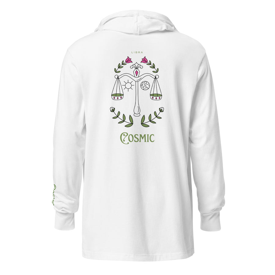 White hooded long-sleeve tee with Libra flowers design, back view