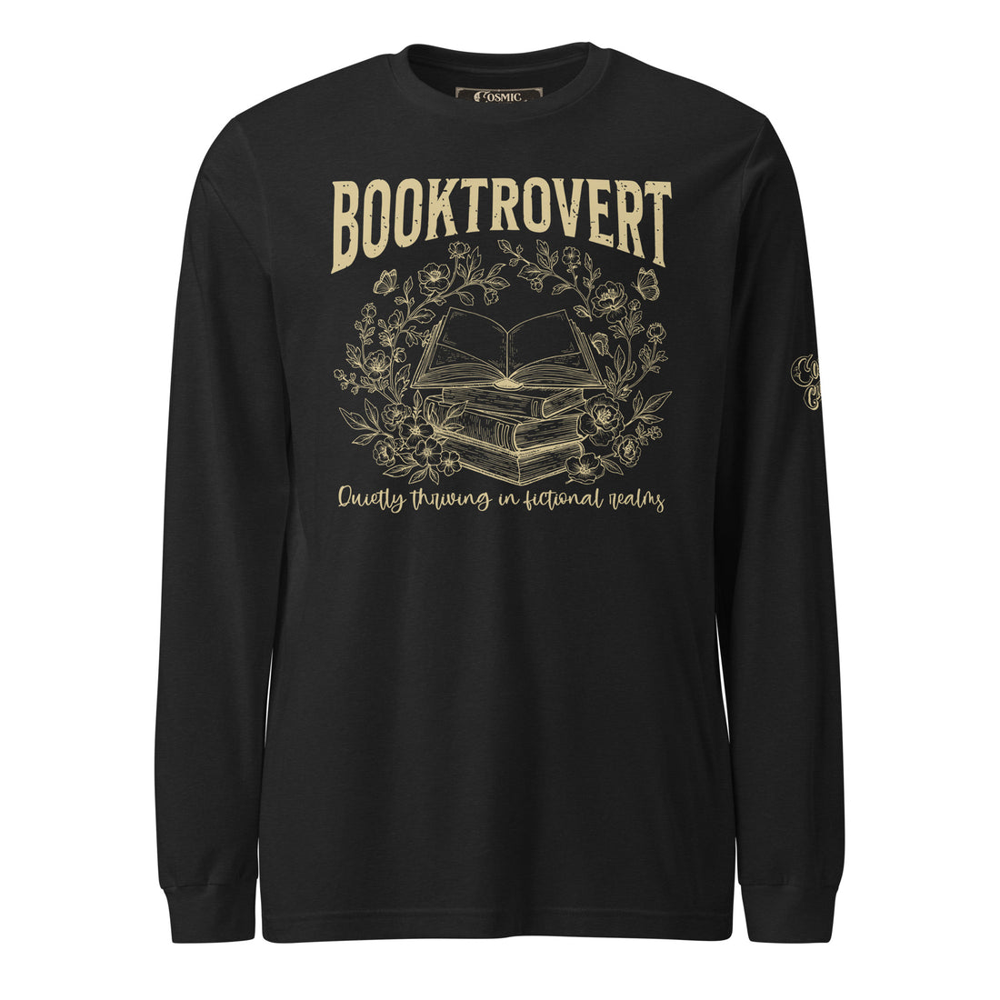 Booktrovert — black heather long-sleeve tee, front view