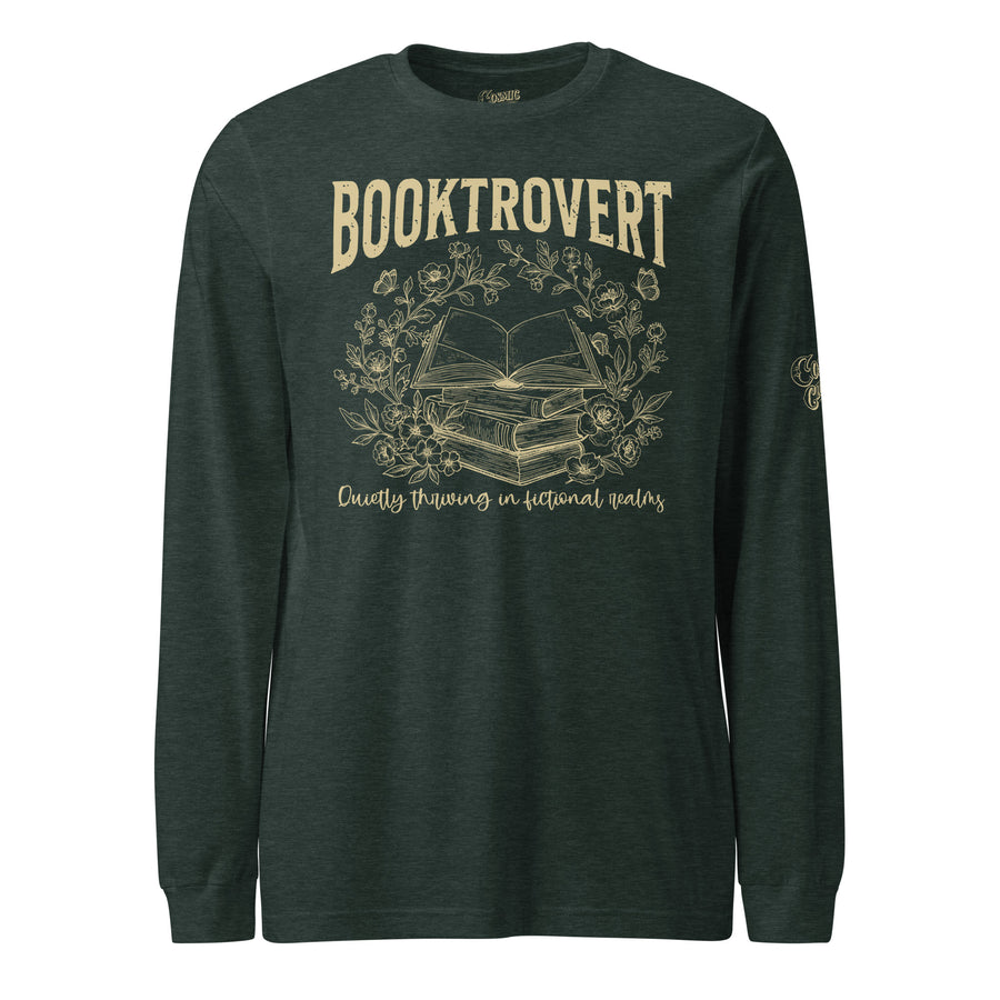 Booktrovert — heather forest long-sleeve tee, front view