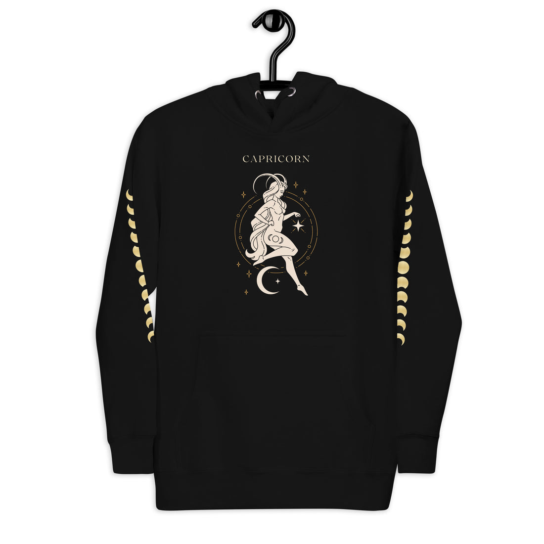 Black premium hoodie with Capricorn design and moon phase sleeves, front view