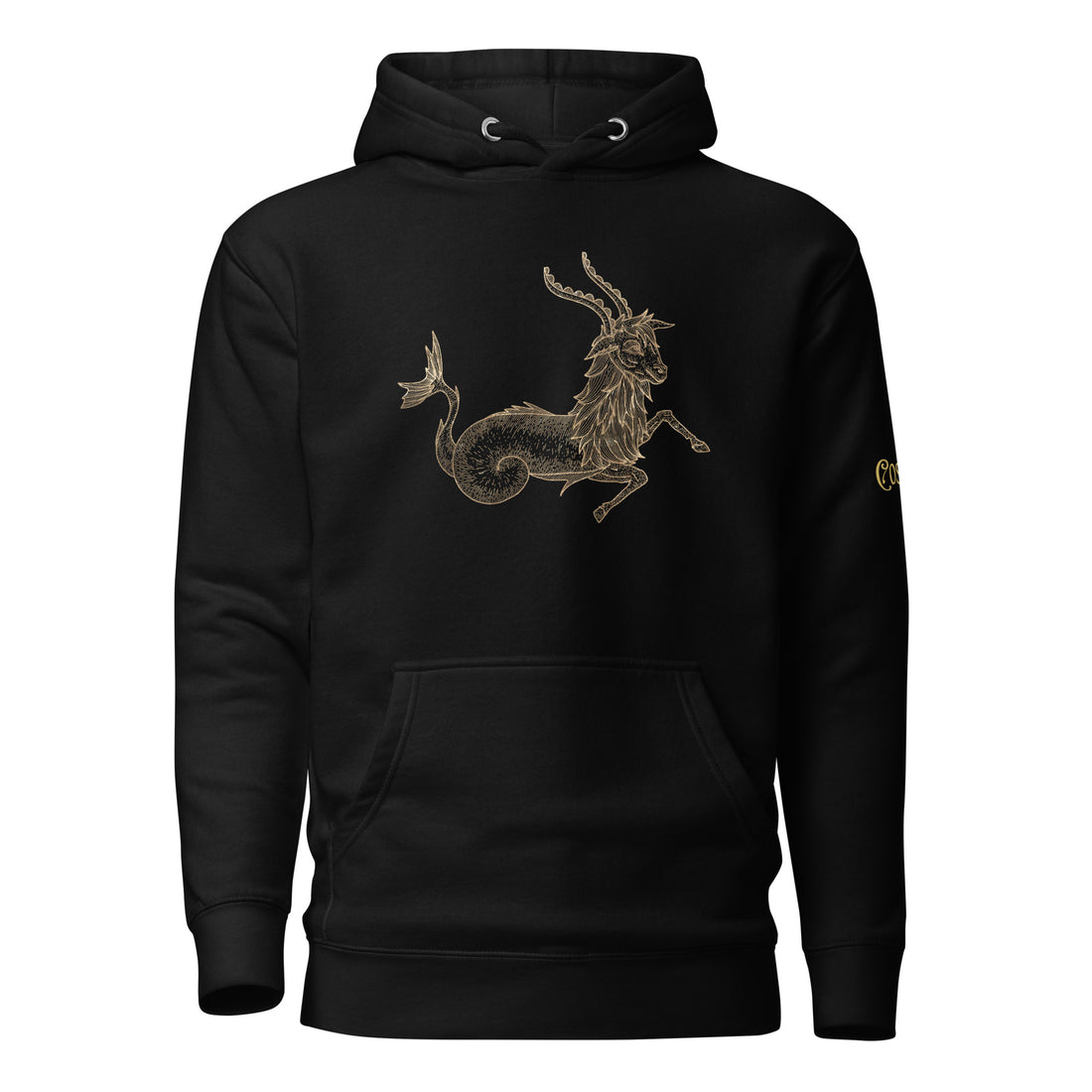 Black premium hoodie with Capricorn zodiac design, front view