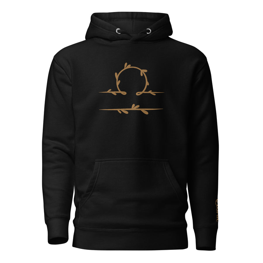 Black premium hoodie with vine-wrapped Libra zodiac design, front view