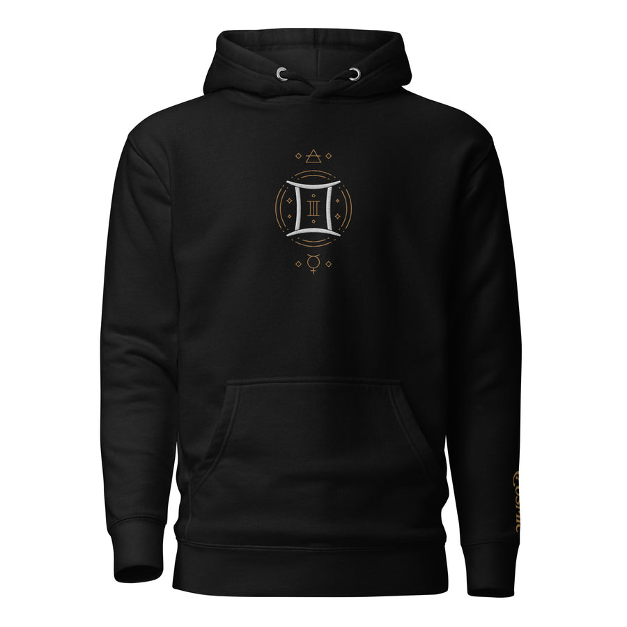 Black premium hoodie with Gemini aesthetic twin sign design, front view