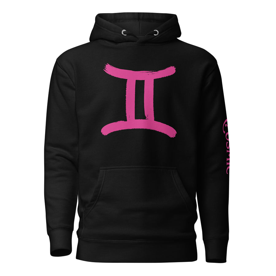 Black premium hoodie with pink marker-style Gemini design, front view