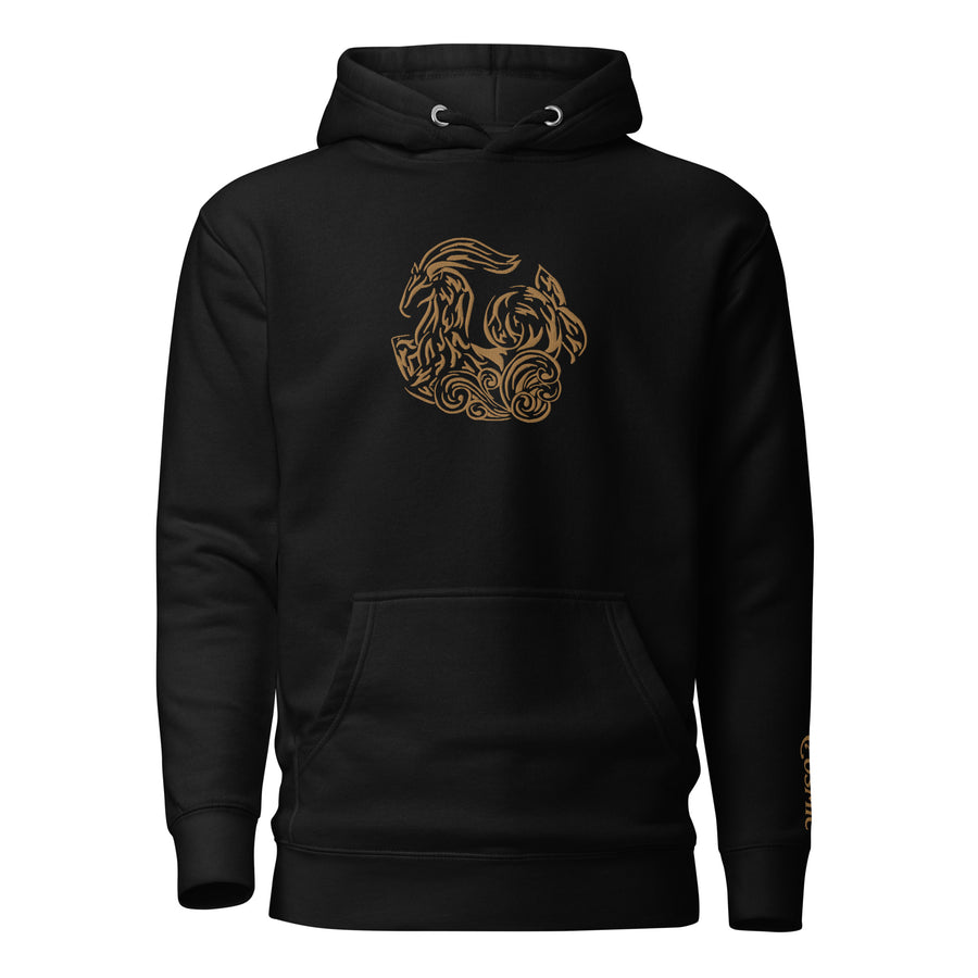 Black premium hoodie with sketch-style Capricorn doodle design, front view