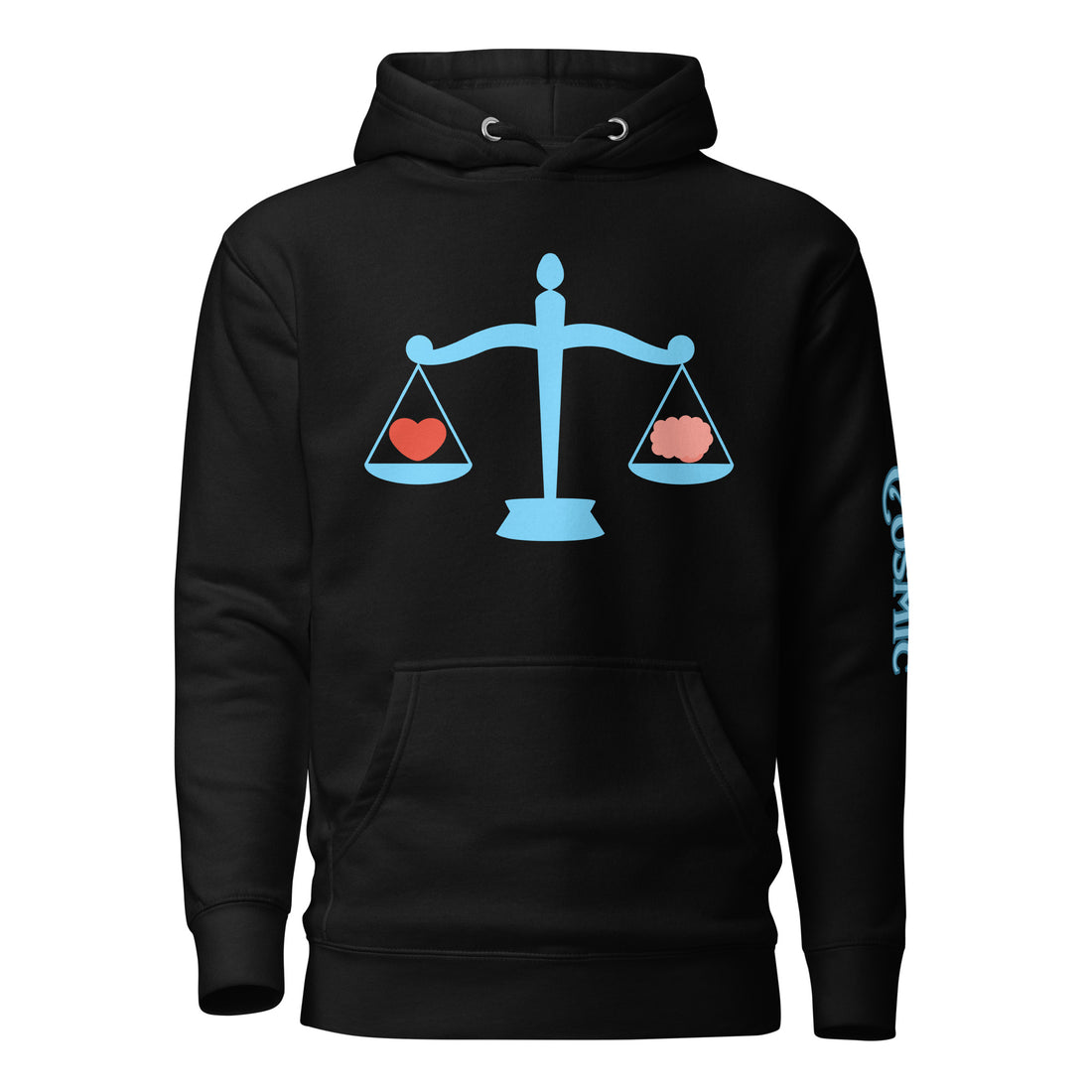 Heart and Mind Libra Scales — black pullover hoodie, front view
