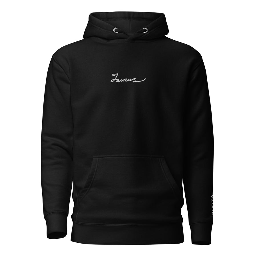 Black unisex hoodie with Taurus script zodiac artwork, front view