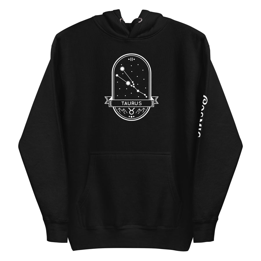 Taurus zodiac hoodie — fine-line arched badge with the Taurus constellation. Unisex graphic hoodie, a great Taurus gift.