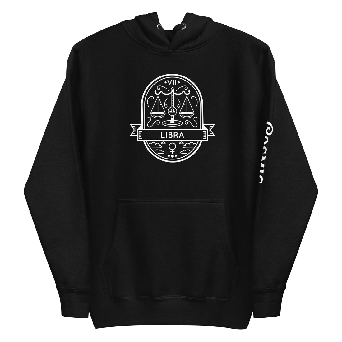 Libra zodiac hoodie — white line badge of balanced scales in an arch, numbered. Unisex graphic hoodie, a great Libra gift.