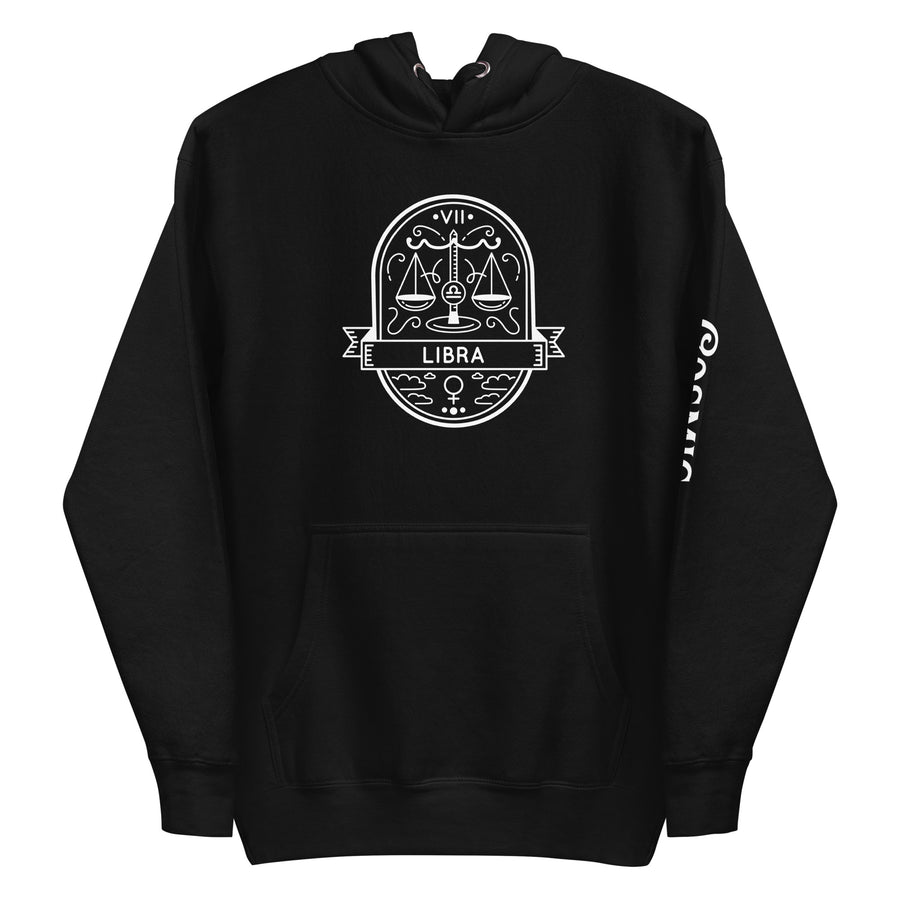 Libra zodiac hoodie — white line badge of balanced scales in an arch, numbered. Unisex graphic hoodie, a great Libra gift.