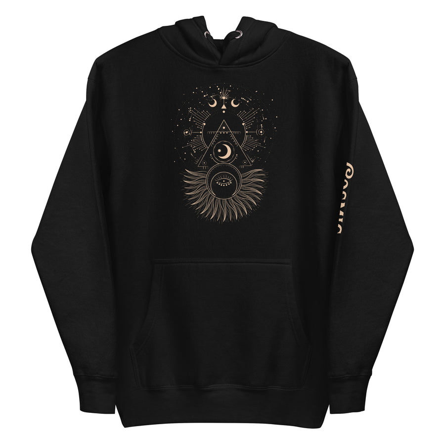Tarot hoodie — bronze celestial line-work. Unisex graphic hoodie, a great tarot gift.