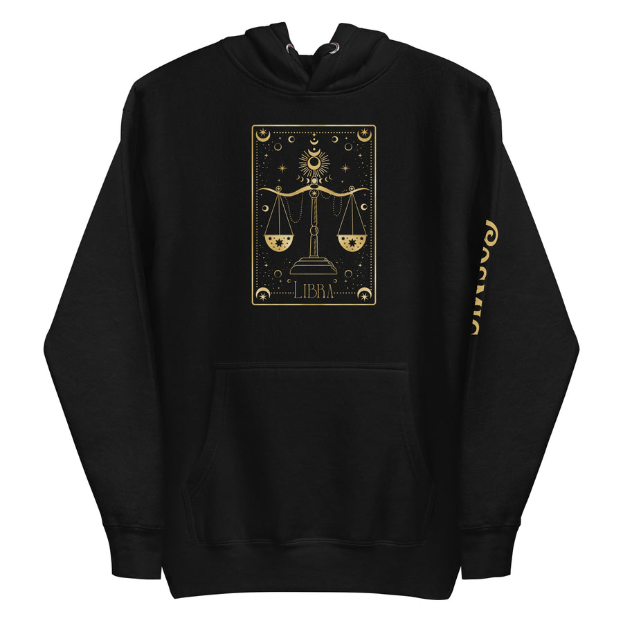 Libra zodiac hoodie — framed tarot-card panel of Libra's scales with moon. Unisex graphic hoodie, a great Libra gift.