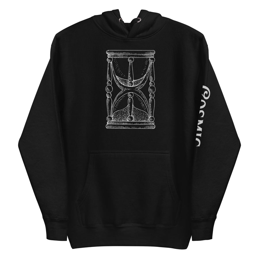 Black premium hoodie with cosmic hourglass design, front view