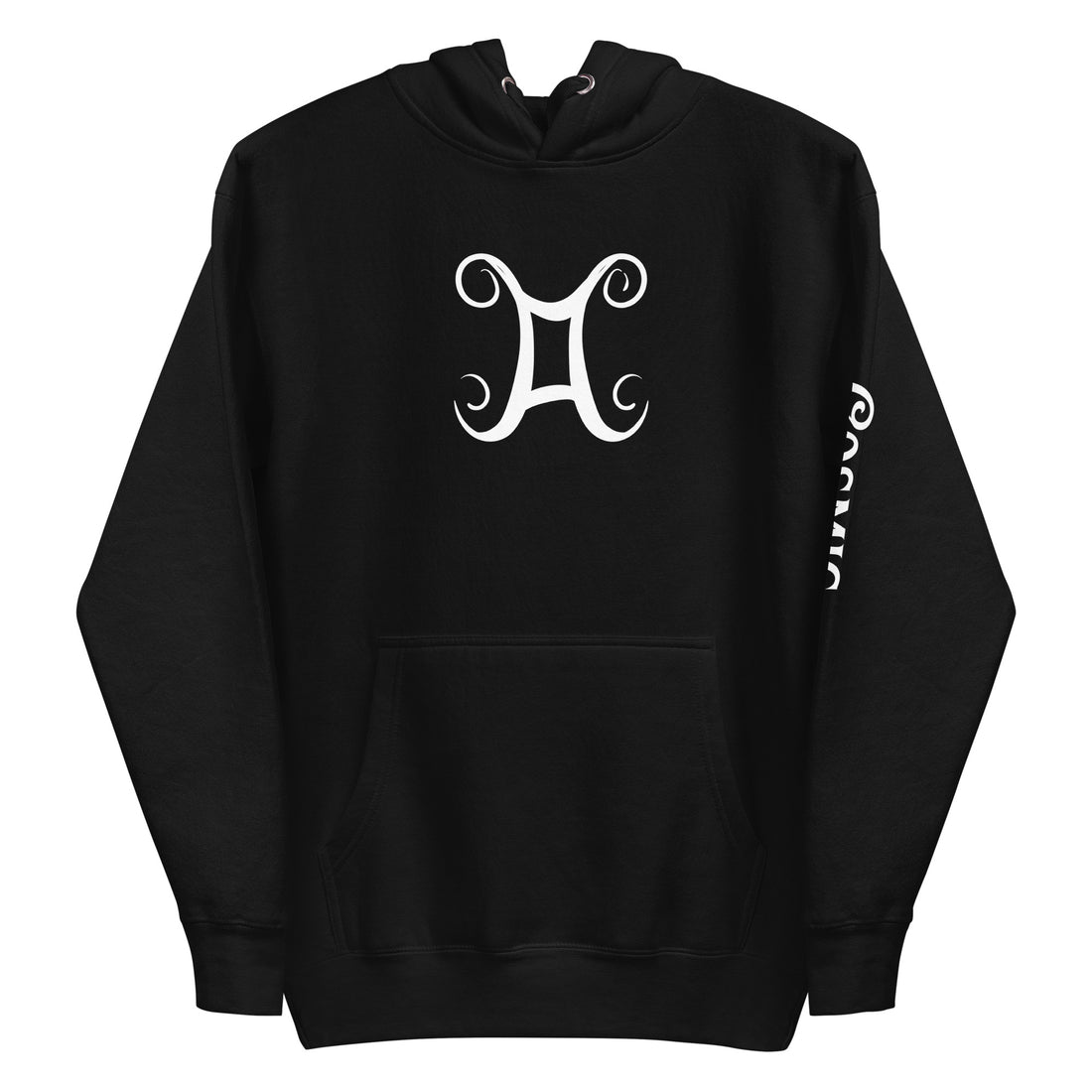 Gemini Storybook — black pullover hoodie, front view