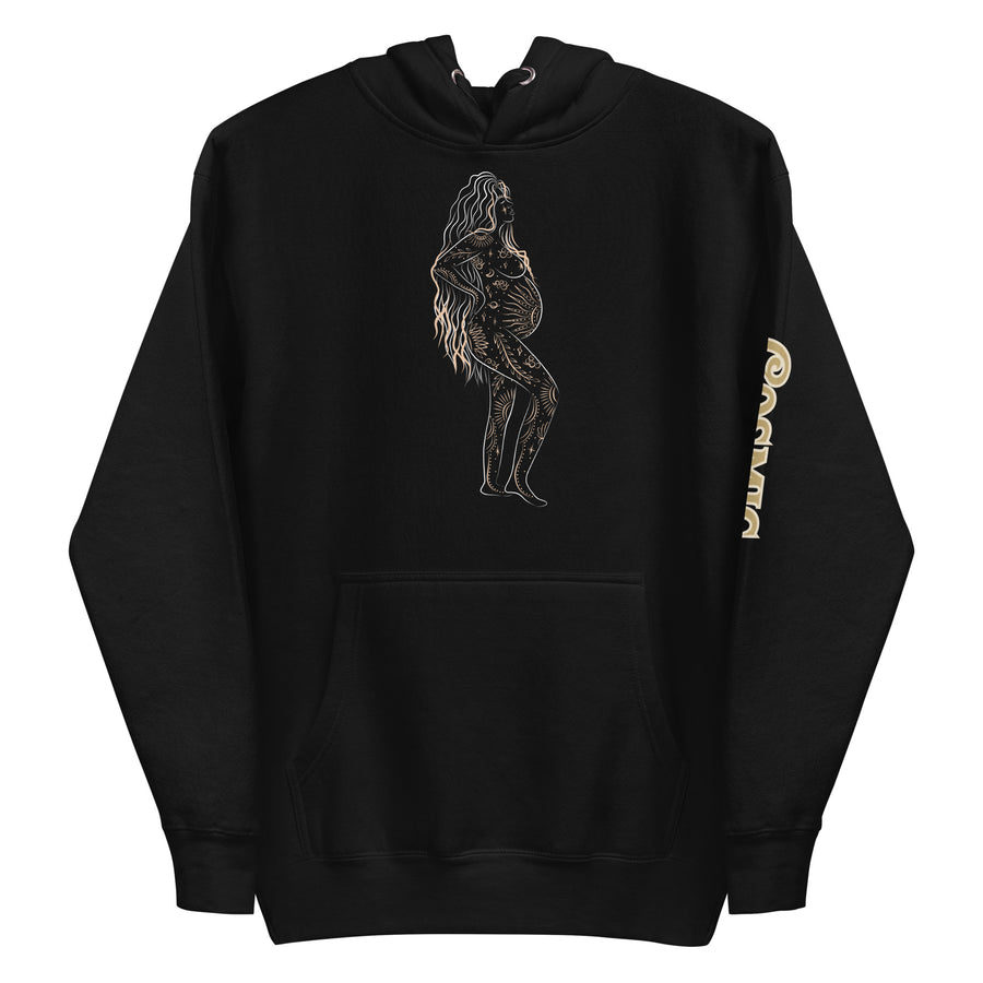 Black premium hoodie with Mystical Mom celestial design, front view