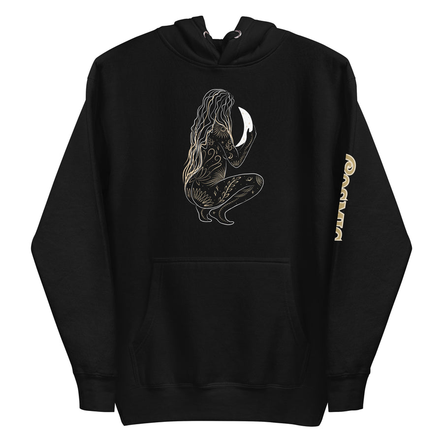 Black premium hoodie featuring mystical woman holding crescent moon artwork, front view