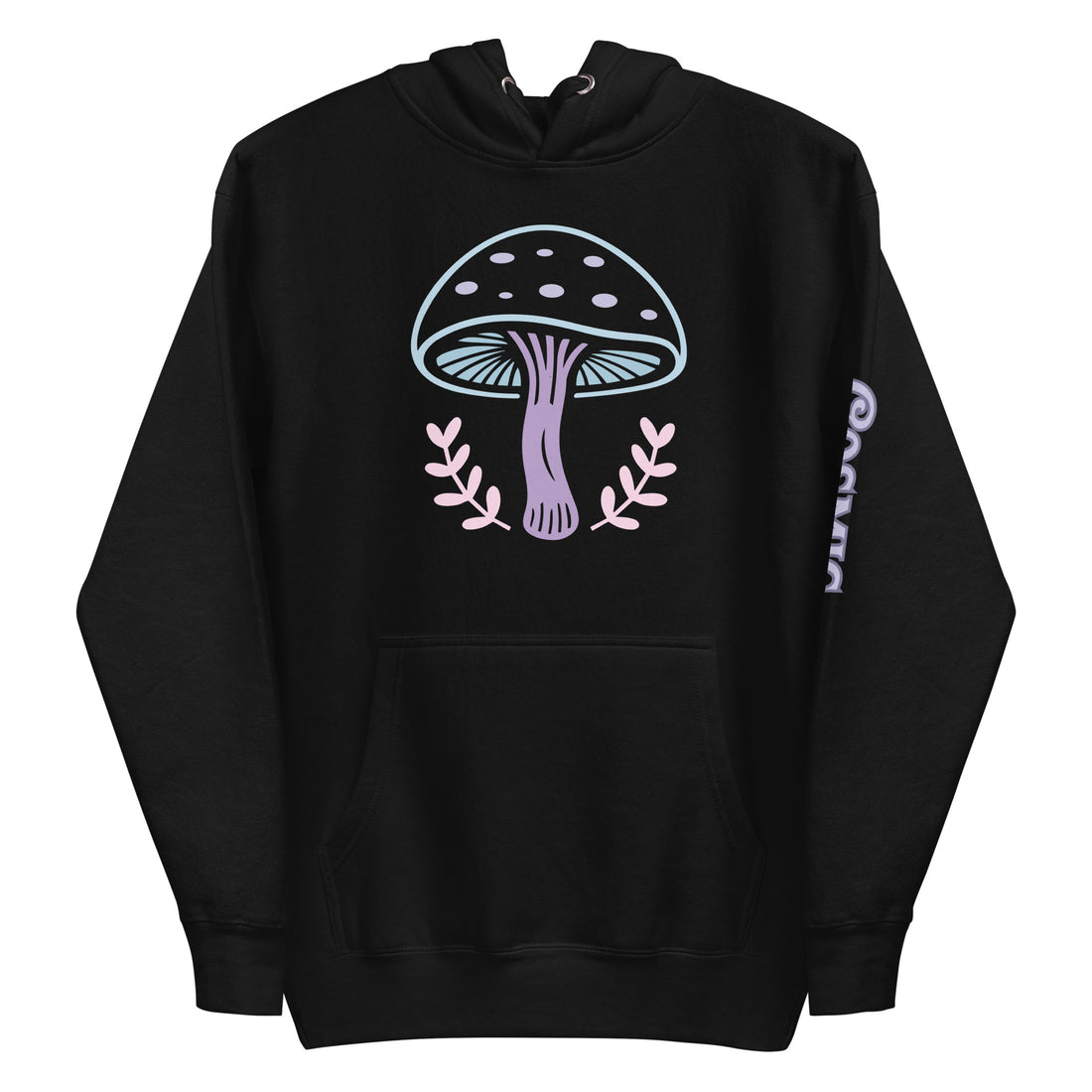 Mushroom hoodie — dotted pastel mushroom ringed by laurel branches, tiny. Unisex graphic hoodie, a great mushroom gift.