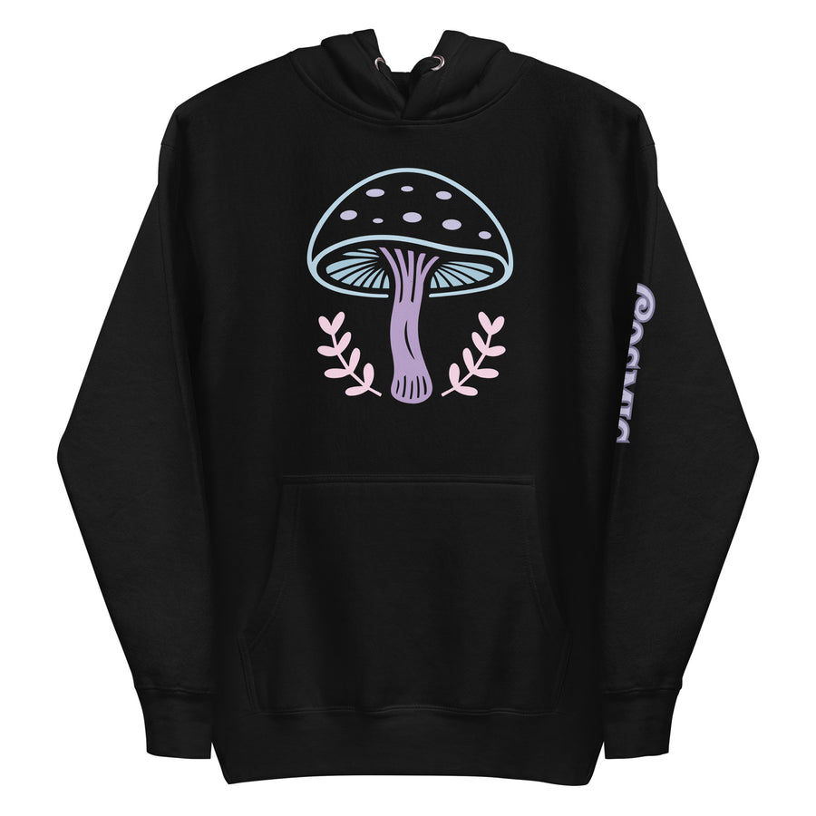 Mushroom hoodie — dotted pastel mushroom ringed by laurel branches, tiny. Unisex graphic hoodie, a great mushroom gift.