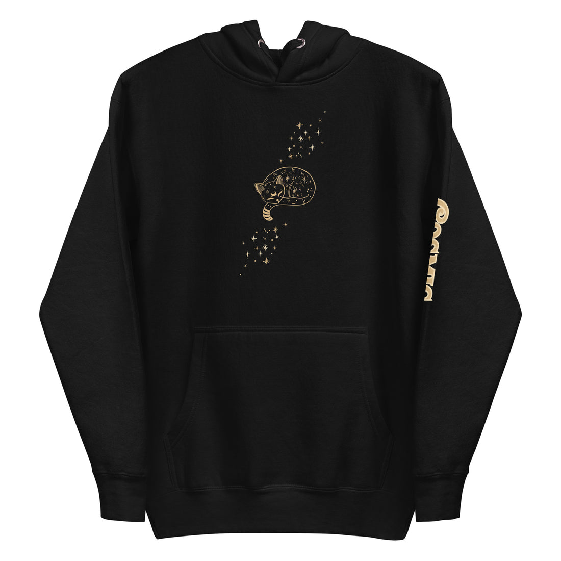 Cosmic Cat — black pullover hoodie, front view